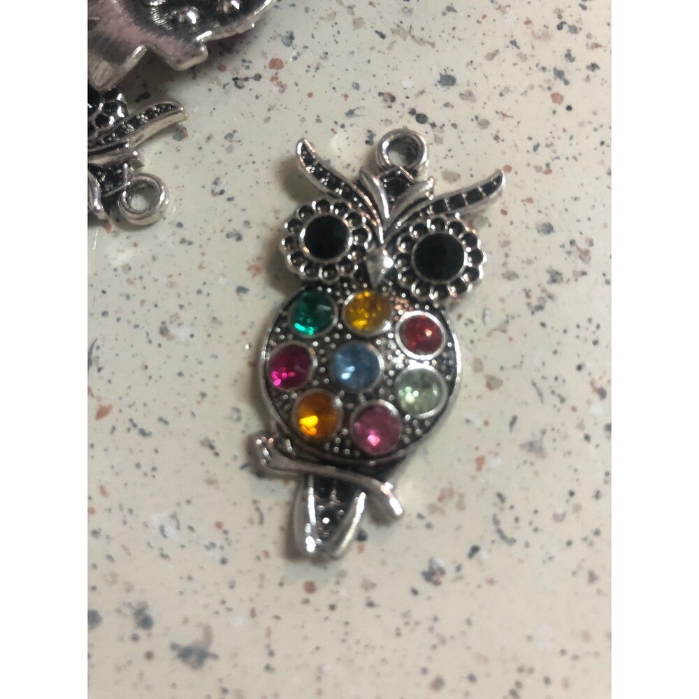 50 Jeweled rainbow Silver Owl Charms